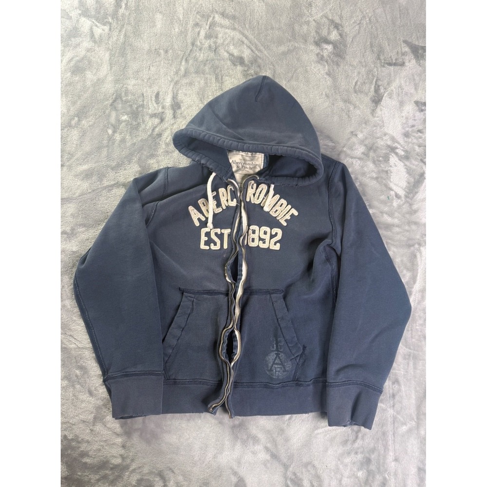 Y2K Logo Abercrombie & Fitch Full Zip Hoodie 2000s Mens M Blue Zip Flaw Vintage